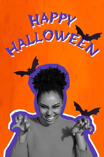 Creative poster collage of funky evil young woman frighten scare grimace boo happy halloween promo poster claws fangs drawing background.