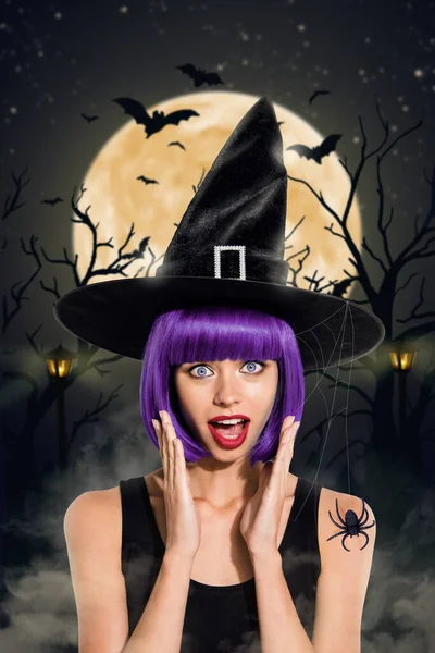 Collage 3d image of pinup pop retro sketch of impressed young stunning woman witch costume dark night forest full moon halloween shopping.