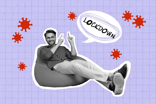 Creative trend collage of positive young man sitting soft comfy beanbag point lockdown text virus bacteria antibody coronavirus quarantine.