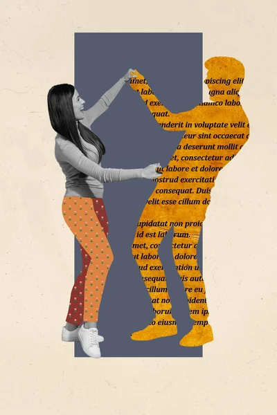 Κάθετη Εικονογράφηση Κολάζ Θετική Νεαρή Γυναίκα Χορεύει Chatting Βιβλίο Φανταστικό — Φωτογραφία Αρχείου