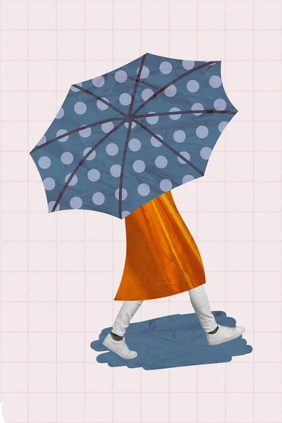 Collage Photo Walking Person Street Hold Umbrella Puddle Raining Day — Stock Photo, Image