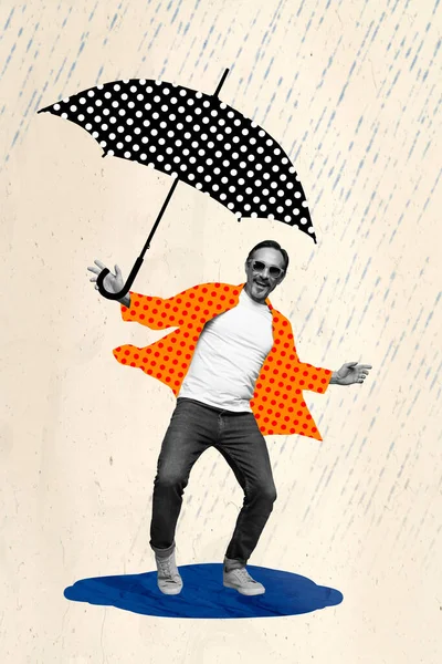 Collage 3d image of pinup pop retro sketch of cool excited mature senior guy walking enjoying rainy weather isolated painting background.