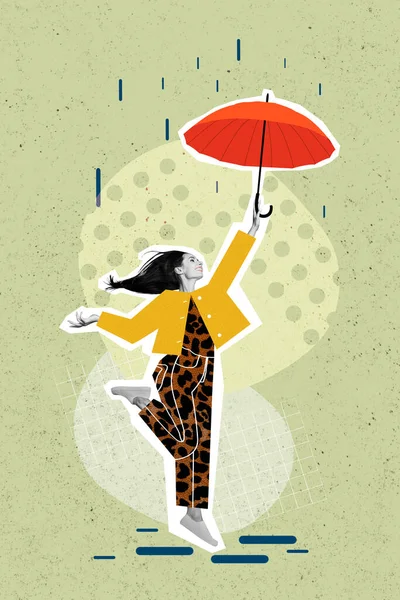Exclusive magazine sketch image of funny funky happy lady enjoying walking rainy weather isolated painting background.