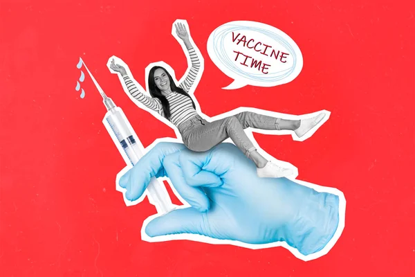 Kreatywny Rysunek Kolaż Obraz Zabawnej Pozytywnej Kobiety Siedzieć Lekarz Ręka — Zdjęcie stockowe