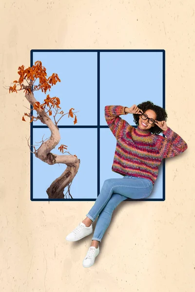 富有创意的抽象模板图形形象滑稽时髦的女士坐在窗台上欣赏秋天的氛围隔离的绘画背景 — 图库照片