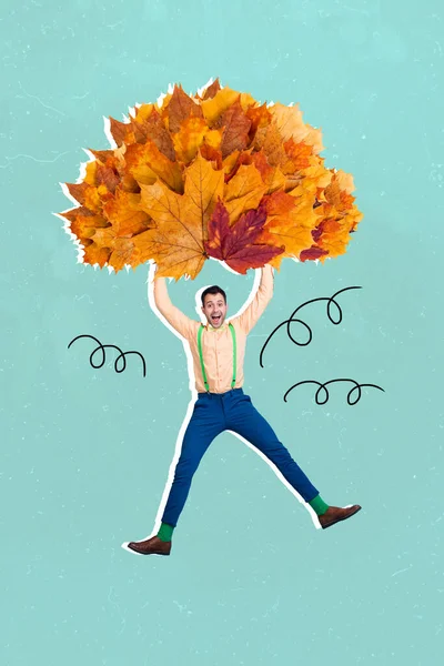 Creative photo 3d collage poster postcard artwork of happy young man hold big bunch dry leaves isolated on drawing background.