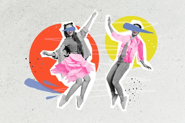 Colagem Composta Imagem Engraçado Positivo Meninas Dançando Divirta Desfrutar Fim — Fotografia de Stock