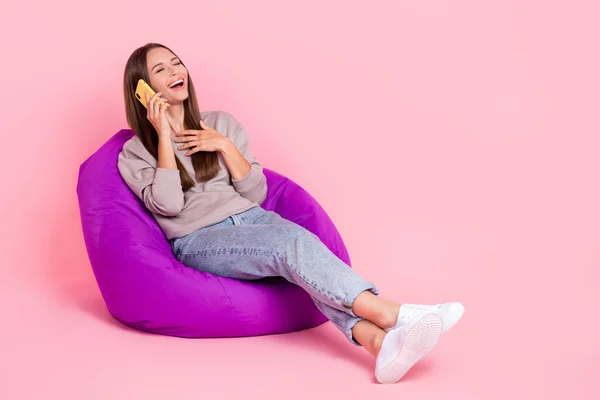 Full Body Portrait Crazy Carefree Lady Sit Bag Speak Telephone — Stock Photo, Image