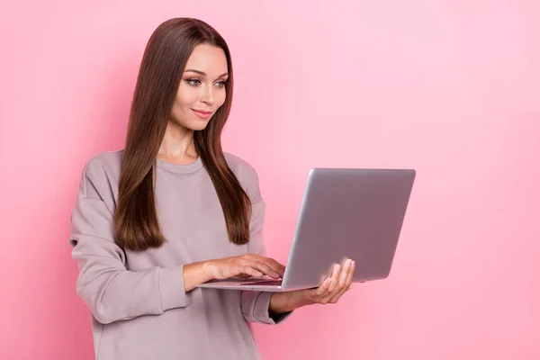 Portrait Pretty Positive Girl Hold Use Wireless Netbook Networking Isolated — Stock Photo, Image