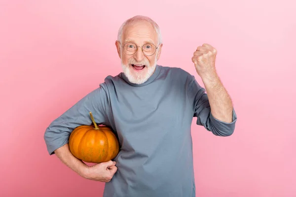 Photo of funny lucky retired man grey sweater spectacles rising fist holding pumpkin isolated pink color background.