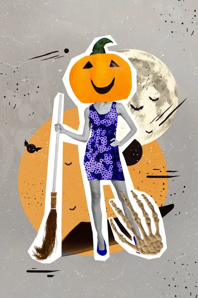 Vertical Imagem Colagem Criativa Bruxa Lenhador Halloween Abóbora Vez Cabeça — Fotografia de Stock