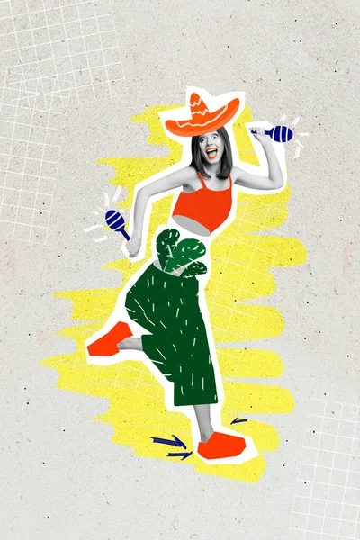 Kreative Zeichnung Collage Bild Von Positiv Optimistisch Junge Frau Kakteen — Stockfoto