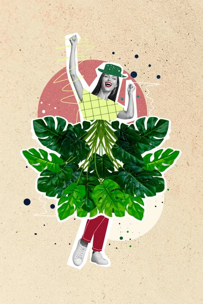 Sammansatt Collage Bild Bild Upphetsad Energisk Ung Kvinna Dans Tropiska — Stockfoto