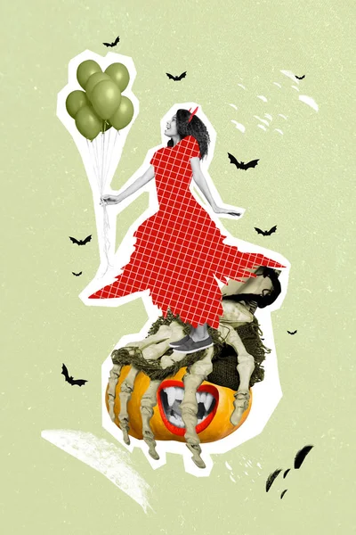 Yaratıcı Poster Kolajı Güzel Cadı Şeytan Kadın Kırmızı Elbise Cadılar — Stok fotoğraf