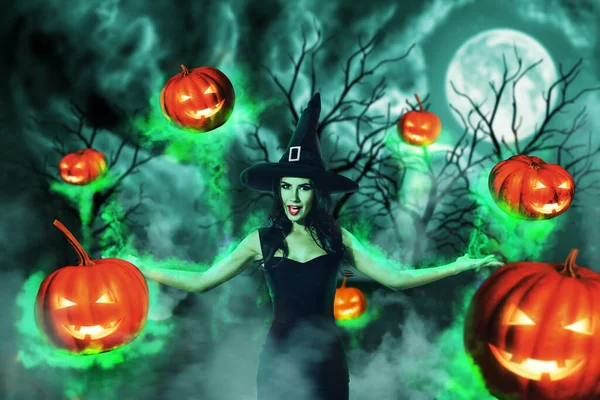 Composite collage image of terrifying mysterious witch girl satanic ritual flying carved pumpkins isolated on fear atmosphere forest background.