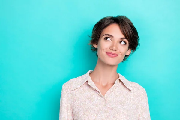 Closeup Photo Young Gorgeous Smiling Dreamy Woman Wear Office Shirt — Stock Photo, Image