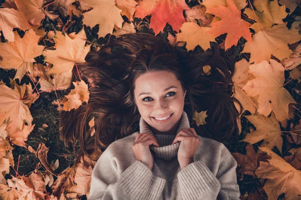 High Angle View Portrait Charming Cheerful Girl Lay Ground Fallen — Stock Photo, Image