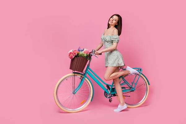 Full Length Profile Photo Sweet Lady Ride Bicycle Wear Printed — Fotografia de Stock