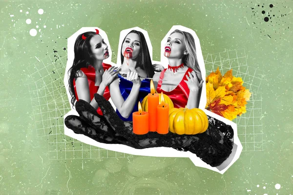 複合コラージュ画像の腕ホールドミニ恐ろしい三人の吸血鬼悪の女の子黒白ガンマキャンドルカボチャ隔離上の絵の背景 — ストック写真