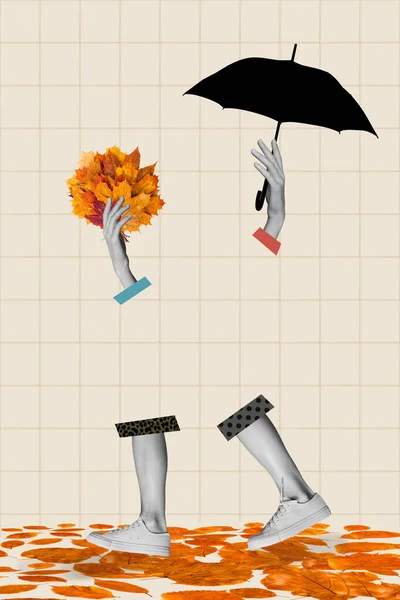 Вертикальный Коллаж Иллюстрация Женские Ноги Руки Держащие Зонтик Кучу Осенних — стоковое фото