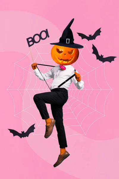 Collage Tendencia Creativa Hombre Bailando Tirantes Estiramiento Halloween Cabeza Calabaza —  Fotos de Stock