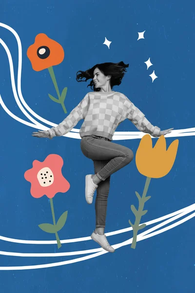 Kreativ Pop Collage Konstverk Affisch Skiss Attraktiv Ung Dam Hoppa — Stockfoto
