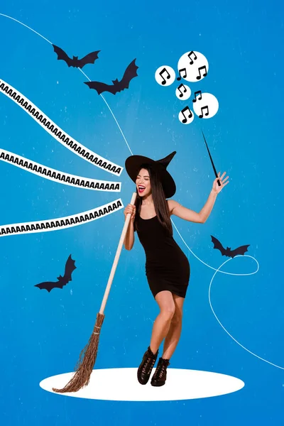 Kreativní Koláž Umělecké Pohlednice Skica Atraktivní Čarodějnice Těšit Halloween Zpěv — Stock fotografie