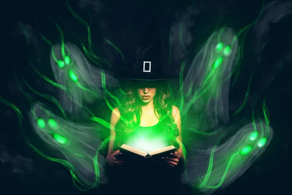 Creative Retro Magazine Image Scary Witch Reading Spell Book Flying — Stock Photo, Image
