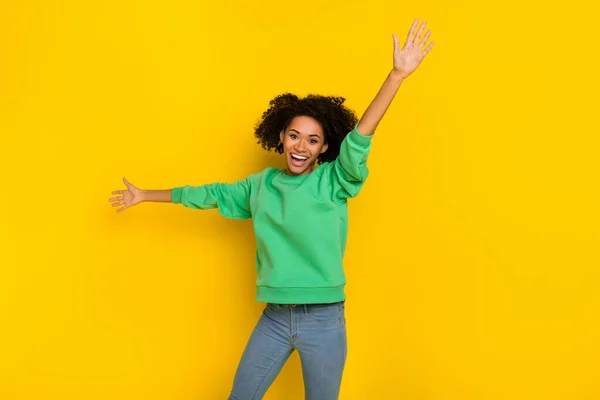 Photo Cool Satisfied Person Raise Opened Arms Have Good Mood — Stock Photo, Image