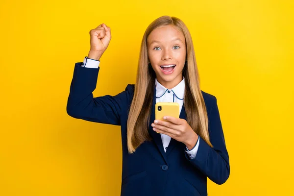 Photo Cheerful Positive Girl Raise Hand Fist Celebrate Success Achievement — Stock Photo, Image