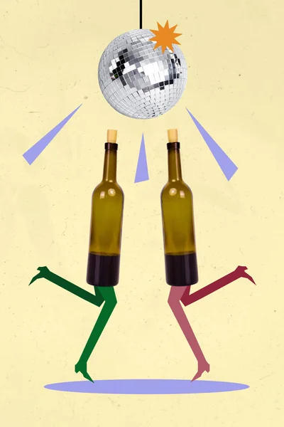 Kreativ Trend Collage Två Roliga Funky Dans Vin Flaskor Alkohol — Stockfoto