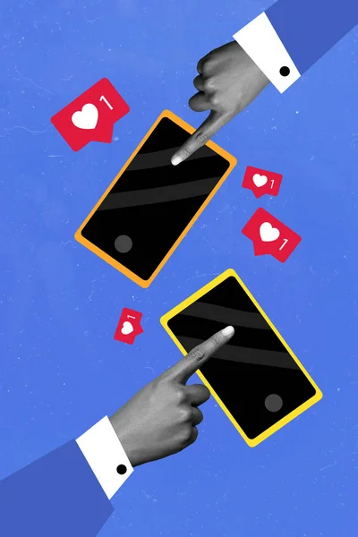 Kreative Zeichnung Collage Bild Der Hände Ärmel Scrollen Touchscreen Social — Stockfoto