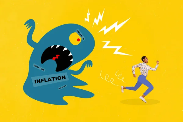 Creatief Collage Portret Van Lopende Persoon Bang Weglopen Enorme Inflatie — Stockfoto