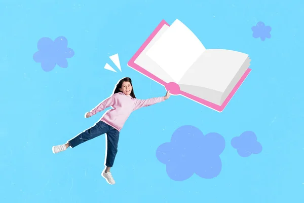 Imagem Colagem Criativa Animado Inteligente Mini Menina Segurar Enorme Voando — Fotografia de Stock