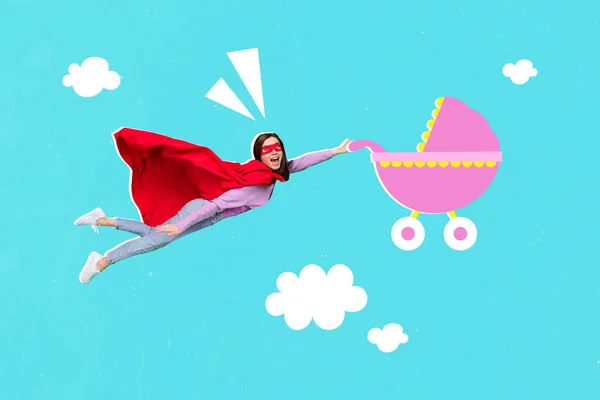 Yaratıcı Kolaj Fotoğrafı Etkileyici Eğlenceli Süper Kahraman Bir Kız Uçan — Stok fotoğraf