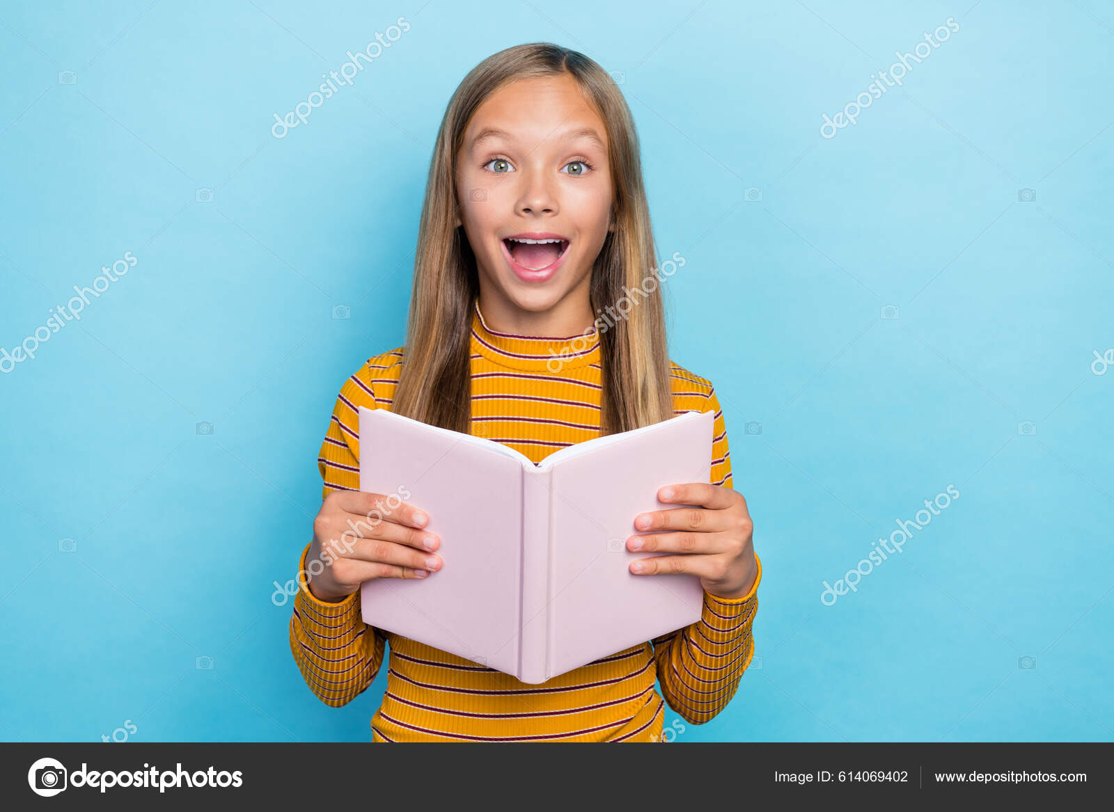 Portrait Astonished Clever Schoolkid Open Mouth Hands Hold Book ...