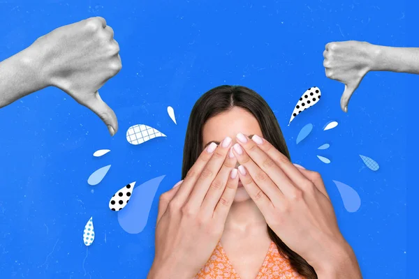 Composite collage image of unsatisfied crying girl arms cover eyes drawing tears people demonstrate thumb down isolated on painted background.