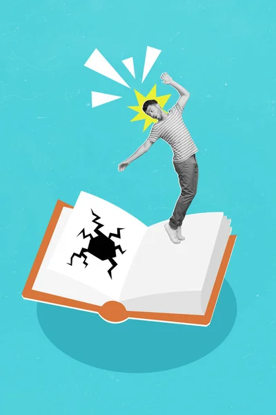 Kompozytowy Kolaż Obraz Zabawny Spada Człowiek Miniatura Otwarta Książka Pęknięcie — Zdjęcie stockowe