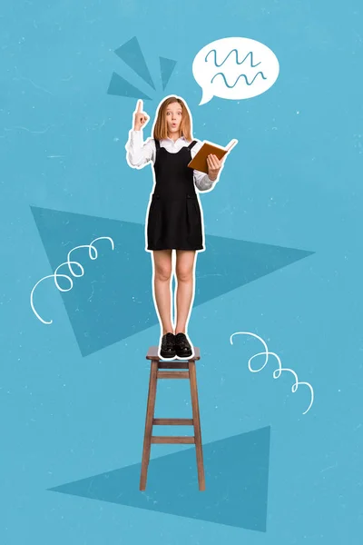 Vertikale Collage Porträt Von Aufgeregten Intelligenten Kleinen Mädchen Ständer Hocker — Stockfoto
