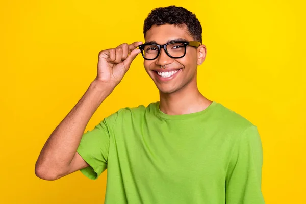 Photo Portrait Attractive Young Man Hands Touch Specs Confident Employee — Photo