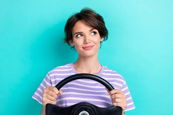 Portrait Lovely Nice Girl Bob Hairdo Wear Striped Shirt Hold — Stock Photo, Image