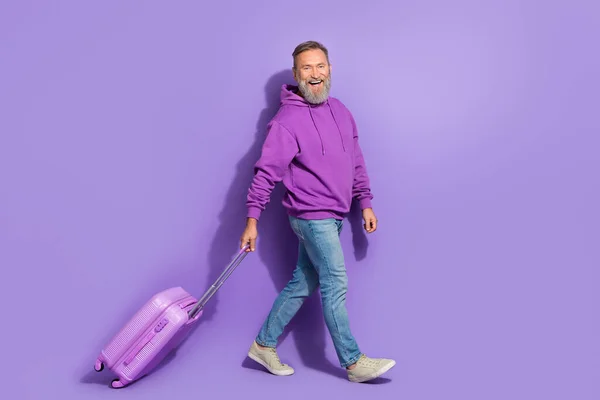 Portrait Retired Handsome Optimistic Man Dressed Purple Hoodie Jeans Airport — Stock Photo, Image