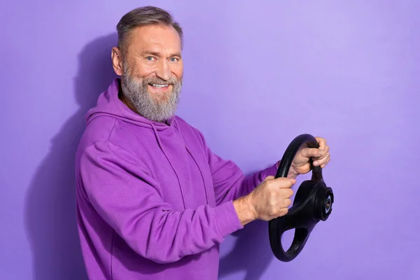 Portrait Old Handsome Good Mood Man Wear Purple Sweater Holding — Stock Photo, Image