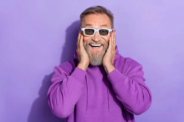 Portrait Handsome Retired Senior Impressed Man Wear Purple Hoodie Staring — Stock Photo, Image