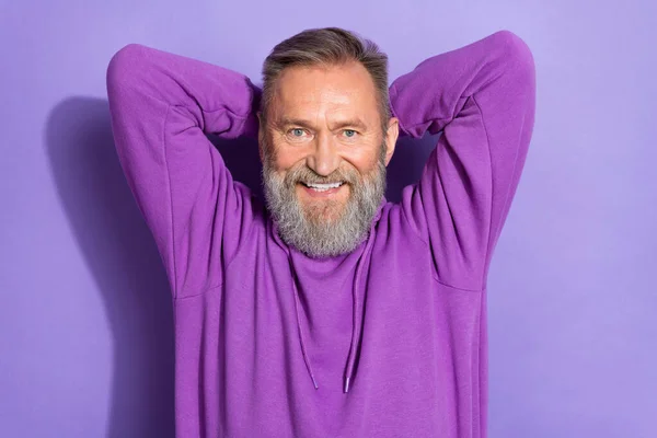 Portrait Handsome Pensioner Man White Gray Beard Dressed Purple Hoodie — Stock Photo, Image