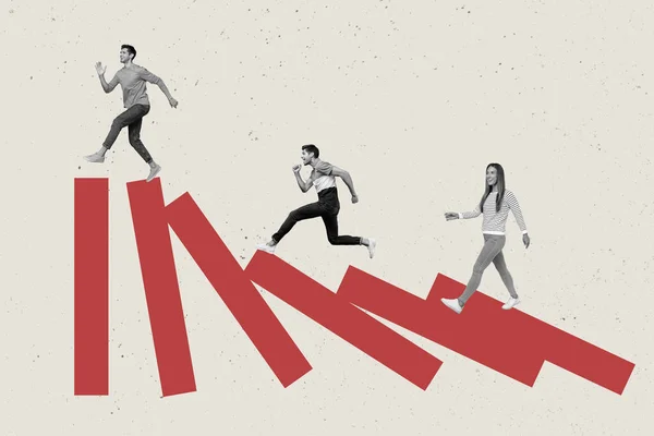 Composite Collage Image Company Business Employees Running Escaping Domino Effect — Stock Photo, Image