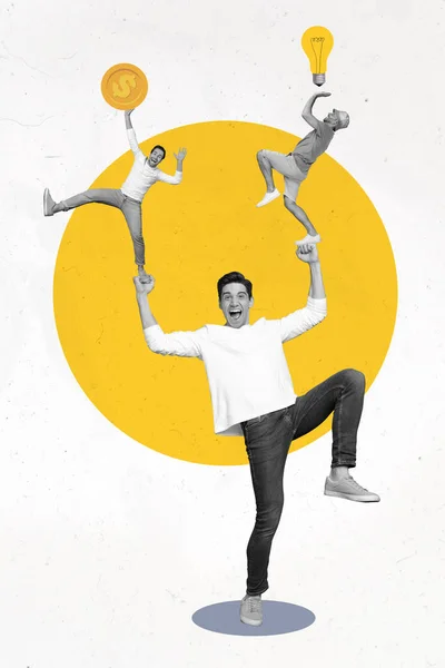 창의적 콜라주 포스터 포스터 청소년들 배경에서 고립된 성공적 샐러드를 축하하는 — 스톡 사진