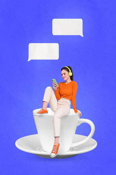 Verticale Collage Beeld Van Mini Meisje Zitten Koffie Kopje Hold — Stockfoto