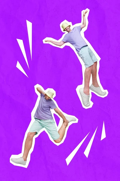 Vertical collage illustration of two excited guys rejoice dancing enjoy free time isolated on creative purple background.