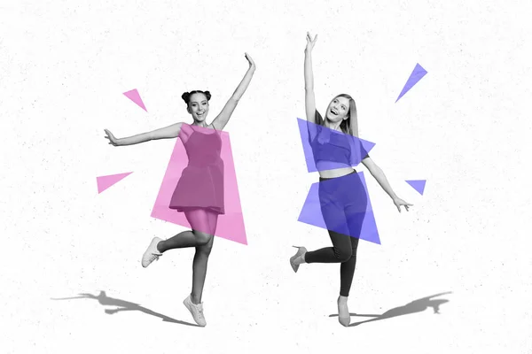 Творчий Колаж Зображення Двох Позитивних Дівчат Чорно Біла Гамма Танцює — стокове фото